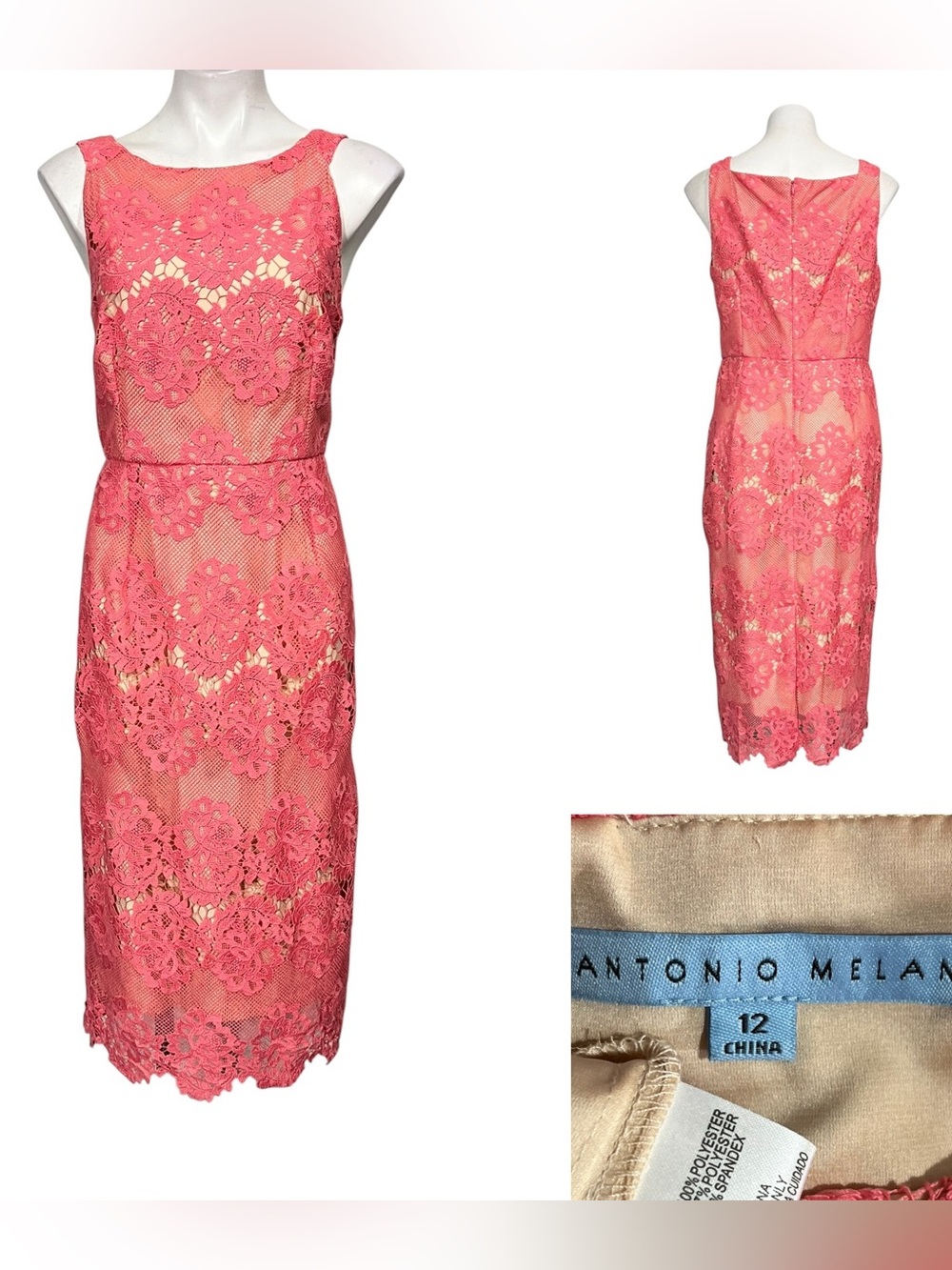ANTONIO MELANI dress 12 Coral Pink Floral crochet Sheath sleeveless midi